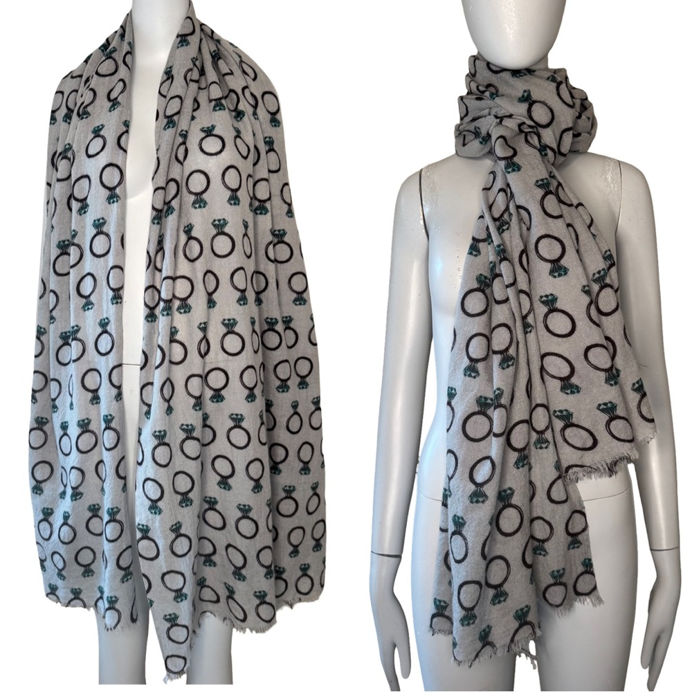 YARNZ Diamond Ring Pattern Cashmere Wool Oversized Scarf Wrap Grey Teal Brown